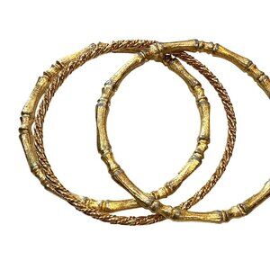 Vintage Gold Tone Bamboo Design Bangles Set Of 3 - Textured & Twisted Metal Brac